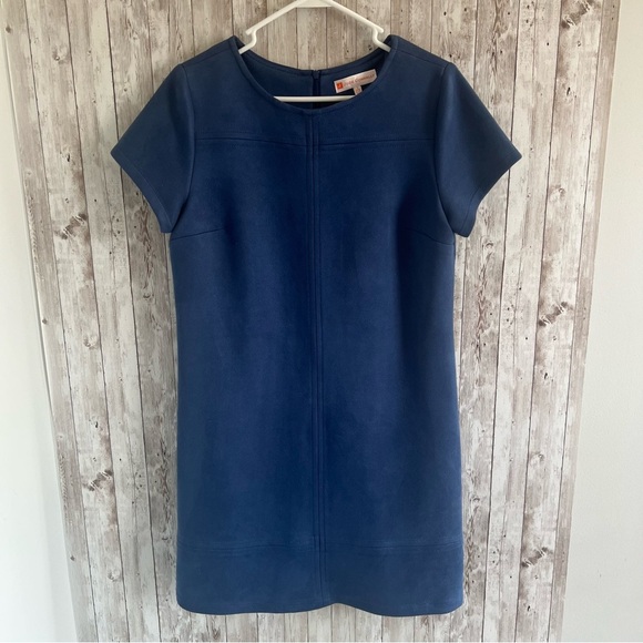 Jude Connally Blue Sheath Mini Dress Crew Neck Faux Suede Large - Picture 1 of 4